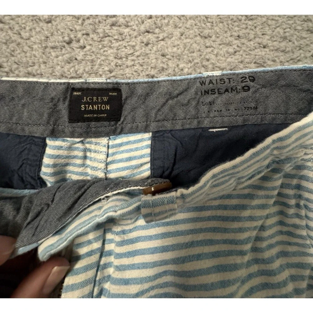 J Crew Stanton Blue Striped Pockets Casual Flat Front Chinos Shorts Mens Size 29